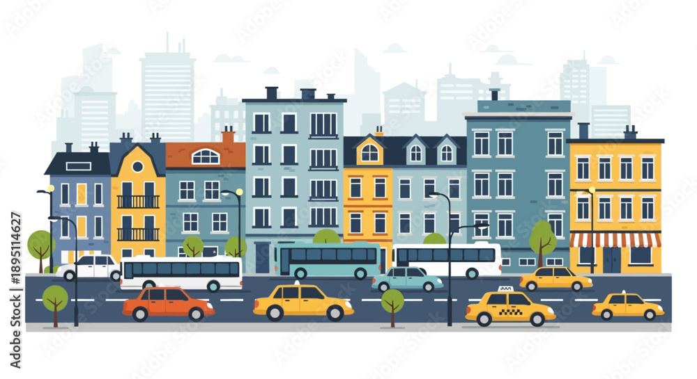 Fototapeta premium Colorful City Street Scene with Buildings, Cars, and Buses