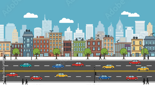 Busy City Street with Traffic and Pedestrians, Flat Design