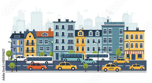 Colorful City Street Scene with Buildings, Cars, and Buses