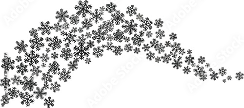 Snowflake wave border with black winter ice crystals, decorative snow flurry trail, elegant frozen star pattern on white background