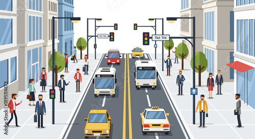 Busy City Street Scene with Traffic, Pedestrians, and Buildings