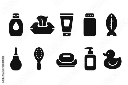 Personal care silhouette icon set. Bathroom toiletries and hygiene essentials.