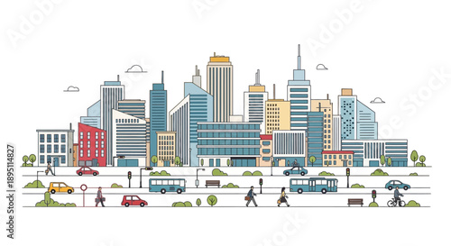 Modern Cityscape Skyline with Buildings, Cars, and Pedestrians - Vector Illustration