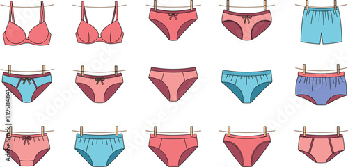 Women Underwear and Lingerie Hanging on Clothesline Laundry Flat Vector Illustration Set