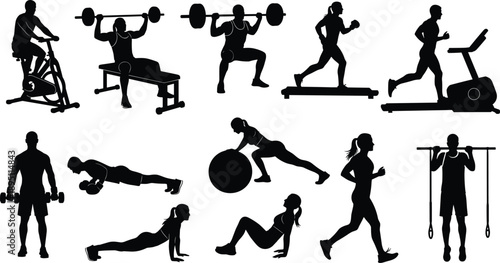 Fitness Silhouette Collection – Diverse Exercise Poses Featuring Strength, Cardio, and Flexibility Workouts for Active Lifestyle and Training Design