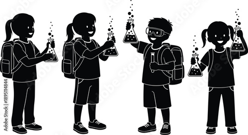 Collaborative Science Activity Silhouettes of Children with Lab Gear, Backpacks, and Safety Goggles for STEM and Educational Graphics