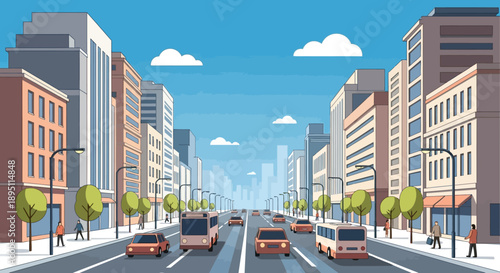 Cityscape illustration of a busy street with cars, buses, and modern buildings under a clear sky.
