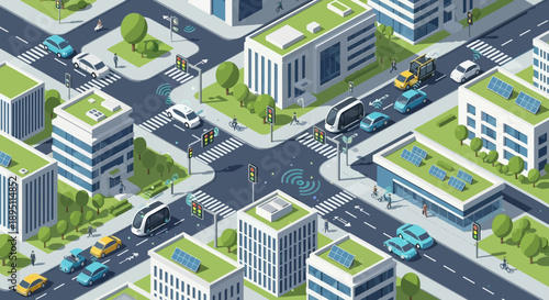 Smart City Intersection with Autonomous Vehicles and Green Buildings - Isometric View