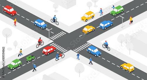 Isometric City Intersection with Cars, Cyclists, and Pedestrians