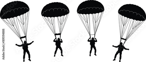 Silhouetted Parachutist Icon Set Featuring Dynamic Poses, Open Canopies, and Suspension Lines for Action, Sport, and Adventure Graphics