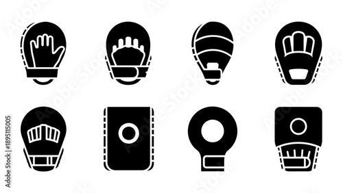 Set of black pictogram boxing mitts collection