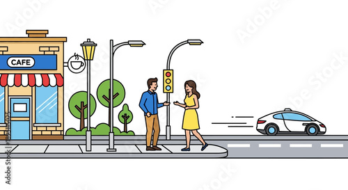 City Street Scene with Cafe, People Talking, and Autonomous Car