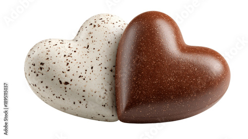 White chocolate heart dusted with cocoa speckles next to dark chocolate heart, isolated on transparent background