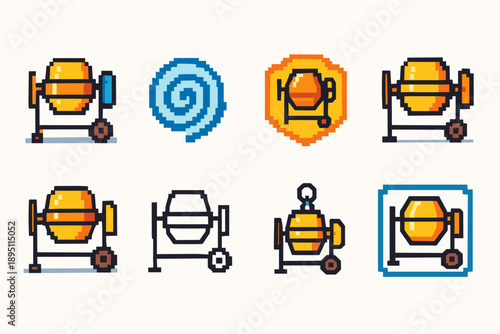Construction equipment icon set. Pixel art style cement mixer icons for various projects.
