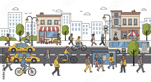 Busy City Street Scene with People, Cars, Bus, and Buildings