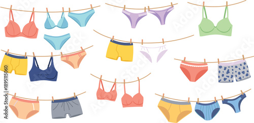Colorful Underwear and Lingerie Hanging on Clothesline Laundry Flat Vector Set