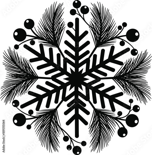 Elegant black snowflake design with pine needles and berries