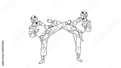 Karate sparring match with protective gear in outline style