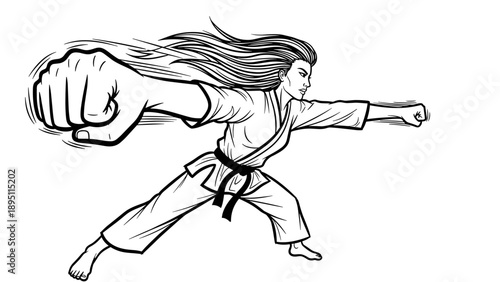 Dynamic karate punch with flowing hair in motion line art
