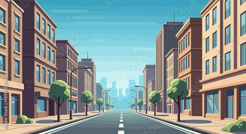 City street perspective with buildings, trees, and distant skyline illustration.