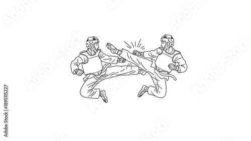 Dynamic taekwondo sparring match with high kicks in outline style