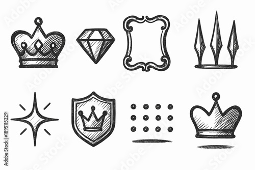 Royal symbols icon set: elegant hand-drawn icons in a sketch style collection