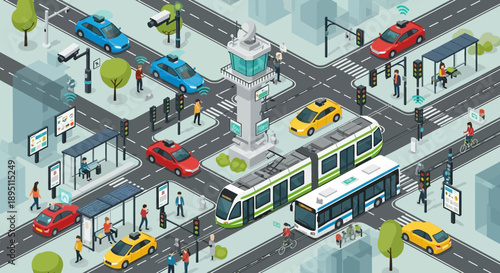 Smart City Transportation Hub: Isometric View of Traffic, Tram, Bus, and Pedestrians