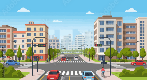 Urban street intersection with traffic lights, cars, buildings, and pedestrian crossing