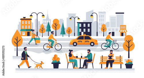 Urban lifestyle illustration: people cycling, walking dog, dining, reading in city park