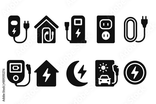 Electric vehicle charging silhouette icon set. Ev, power, battery, charging icons collection