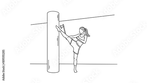 Linear style woman practicing high kick in martial arts training