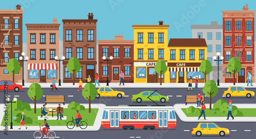 Urban Street Scene: People, Cars, Tram, Buildings, Park