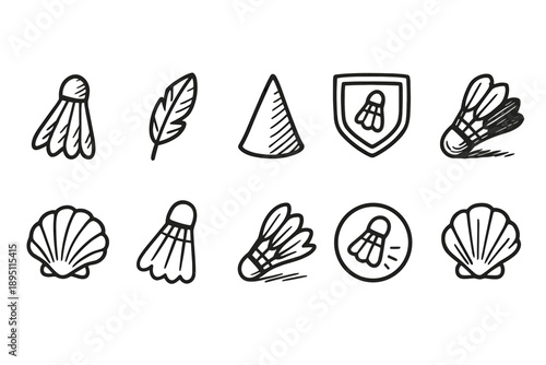 Badminton and shells outline icon set. Sports and nature themed outline icons collection