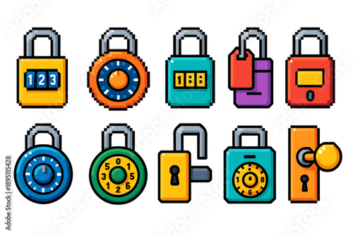 Security lock flat icon set. Combination, keypad, padlock icons for cybersecurity