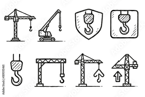 Construction cranes line icon set. Simple and efficient crane line drawings collection