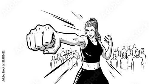 Dynamic black and white female fighter punching with crowd in background