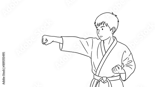 Martial arts enthusiast practicing karate punch in line art style