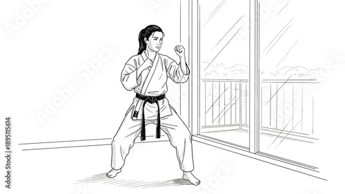 Female martial artist in traditional uniform practicing karate by the window