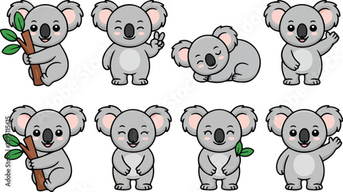 Photography Cute Koala Mascot Outline Manual Design Set Funny Cartoon Character