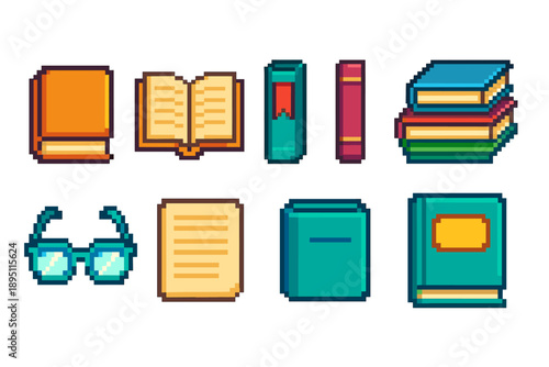Education and learning pixel icon set. School, books, teaching icons pixel art collection