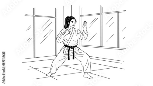 Female karateka practicing stance in minimalist dojo setting