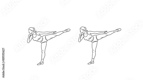 Linear outline of woman performing high side kicks in athletic pose