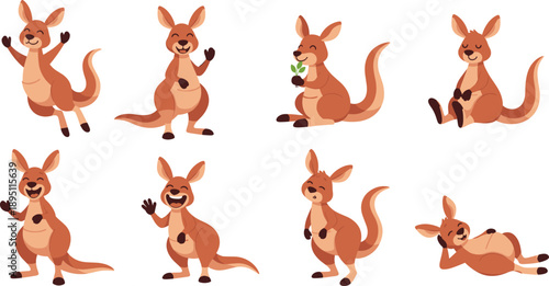 Cute Cartoon Kangaroo Character Poses Set with Happy Funny Emotions Flat Vector Illustration