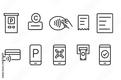 Parking and payment solutions outline icon set. Contactless, mobile icons included.