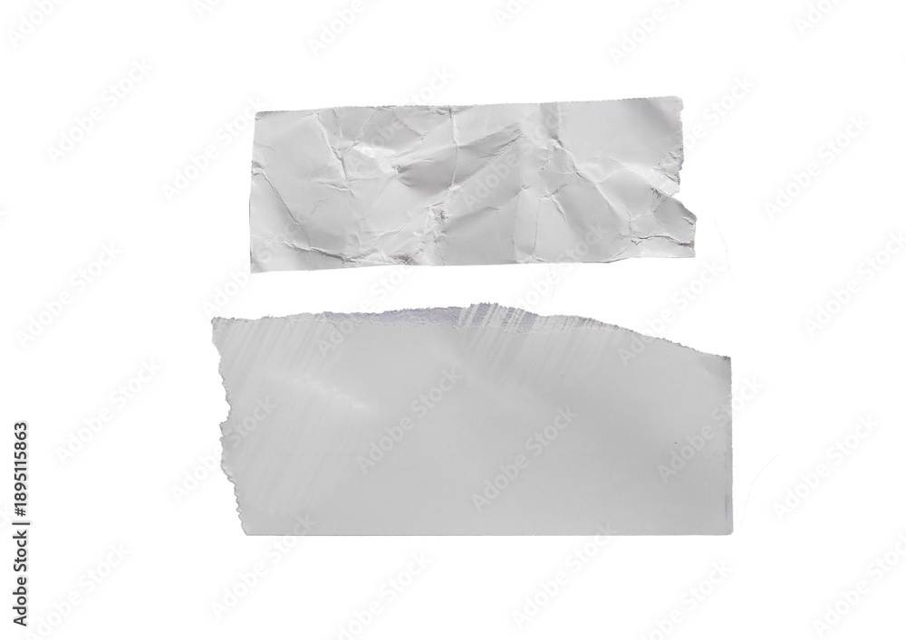 Obraz premium Two white torn paper strips isolated on white background. Strong wrinkles and creases and smooth.