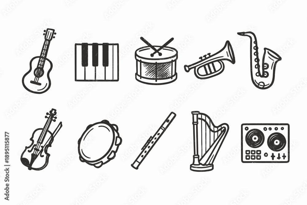 Fototapeta premium Music and instruments outline icon set. Guitar, piano, drums, brass, strings collection