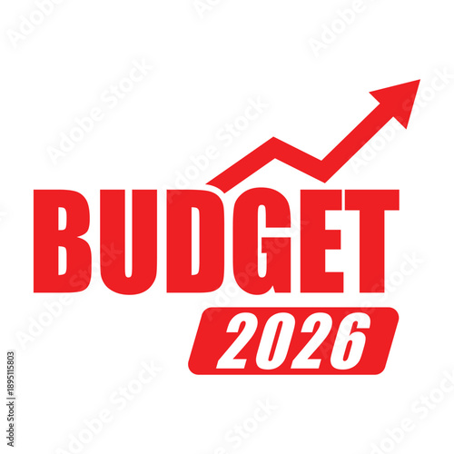 Modern 2026 Budget graphic featuring bold black typography with a red upward growth arrow inside the zero, set against a vibrant red banner. Ideal for financial planning and annual fiscal reviews.