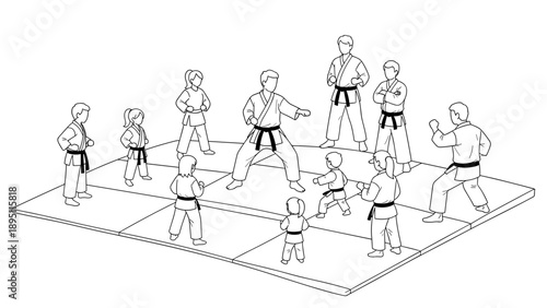 Karate class training with instructor and students in martial arts outfits
