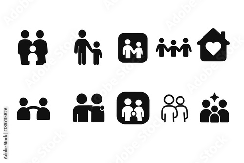 Family, relationship silhouette icon set. Parenting, community silhouette collection