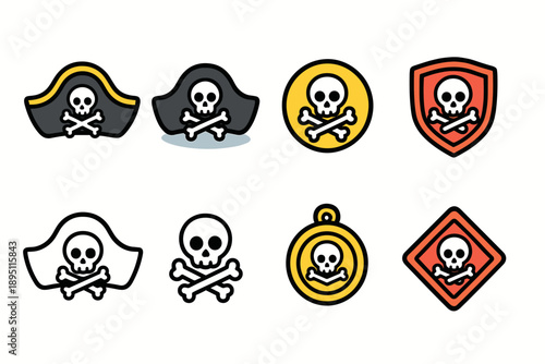 Pirate icon set. Adventure skull and crossbones icons, flat nautical collection